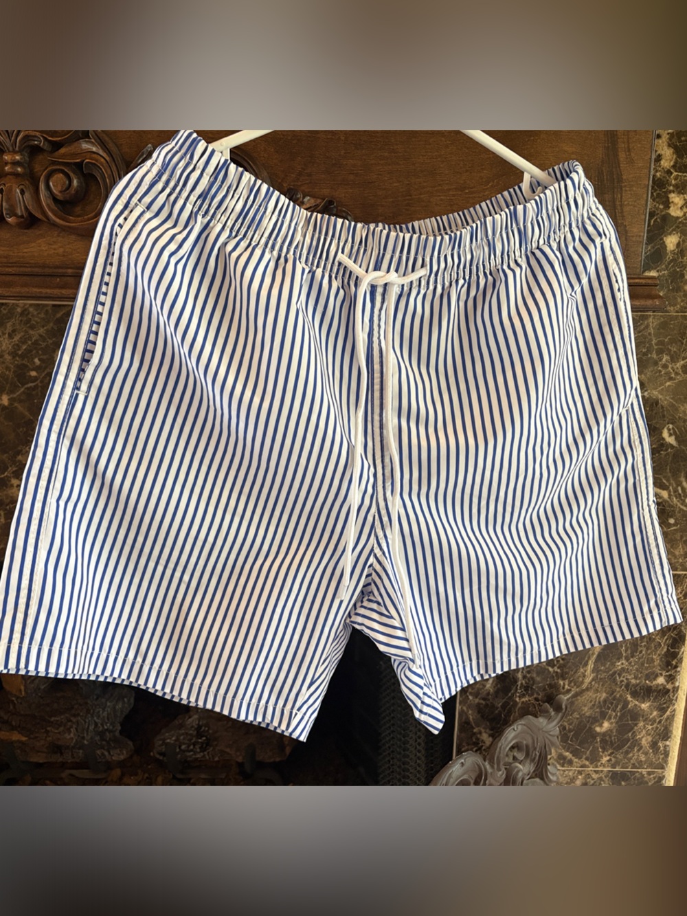 SHEIN Blue and White Striped Men’s Swim Trunks